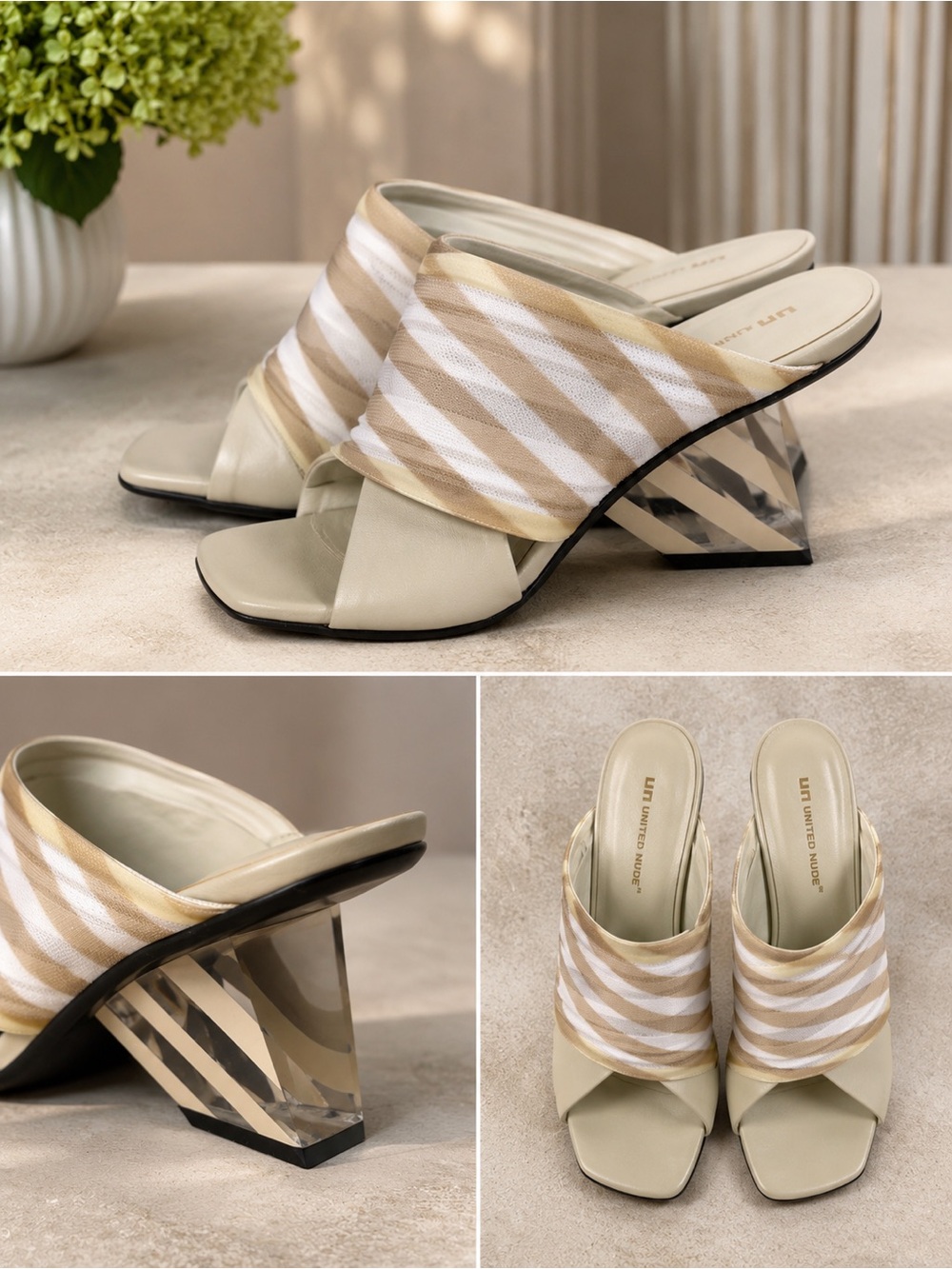 United Nude Beige & White Striped Slide Heels with Sculpted Transparent Heel